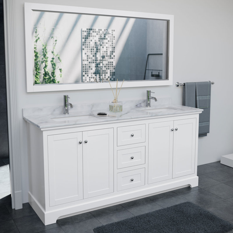 Avery 72'' Double Bathroom Vanity with Stone Top, White, Polished Chrome