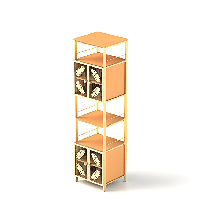Tall Orange and Gold Metal Floor Storage Cabinet with Open Compartments