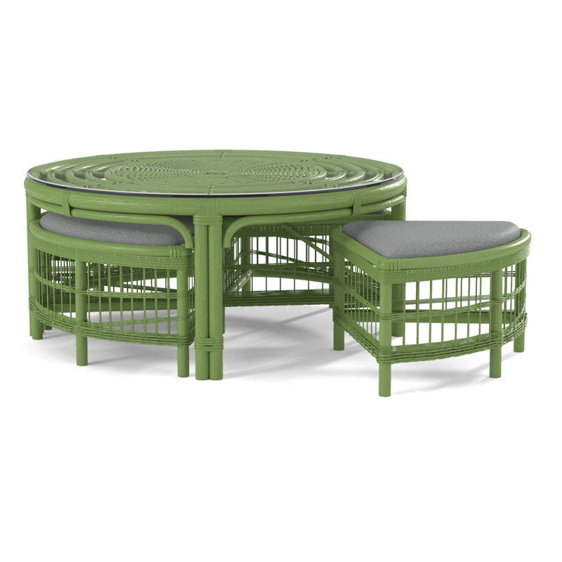 Raffles Rattan Cocktail Table with Benches, Bisque, Light Blue Performance Fabric; 0851-55