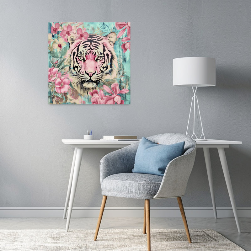 Tigre rose de la jungle - Affiche murale abstraite contemporaine représentant un tigre et une fleur, 24" H x 24" W