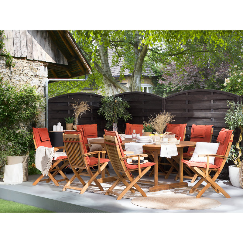 Deidra 8 - Person Acacia Wood Patio Dining Set with Oval Table , Cushions Included, Red