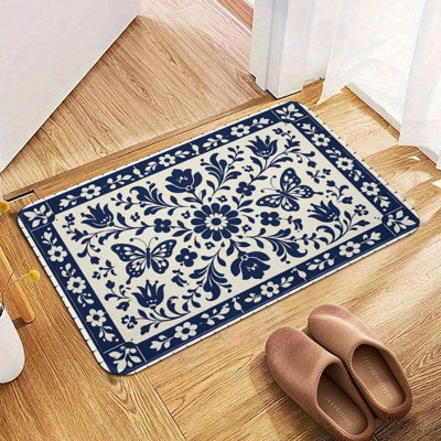 Tapis lavable antidérapant bleu en flanelle à motif floral bleu pour entrée de cuisine, 17 x 47 po
