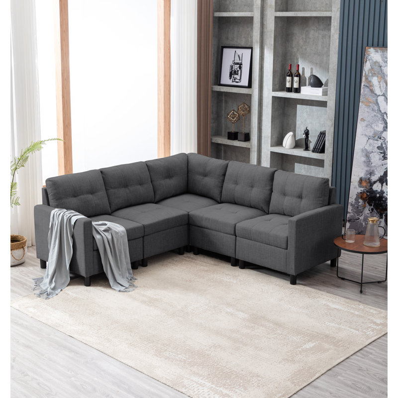 Kentrell Upholstered Corner Sectional Sofa For Small Living Space, Dark Gray Linen