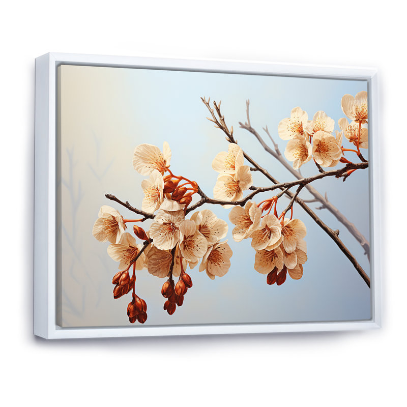 Douce branche de fleur de brun doux - reproduction sur toile, H 30 po x l 40 po x P 1,5 po, Cadre flottant blanc