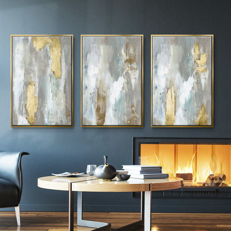 Ensemble de 3 pièces texturées neutres et dorées I encadrées sur toile, H 27 po x l 54 po, Or