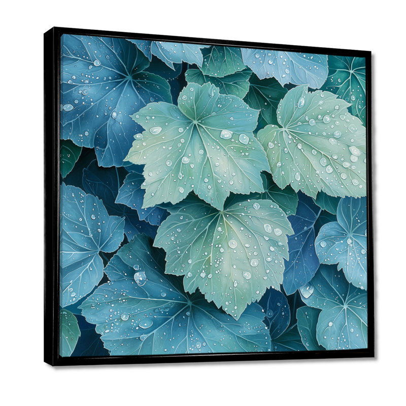 Morning Dewy Leaves I - feuilles, art mural, Impression encadrée flottante, Noir, noir, noir, noir, H 16 po x l 16 po
