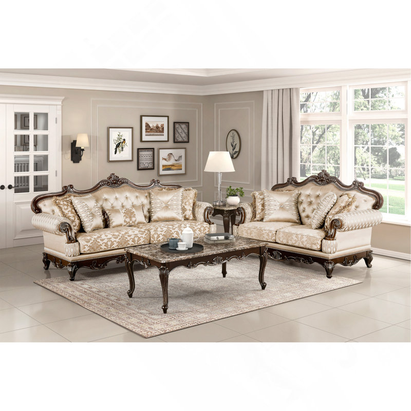 Ensemble de canapé formel de luxe traditionnel avec canapé 2 pièces et finition cerisier avec inclinaison dorée, meubles de salon en bois massif