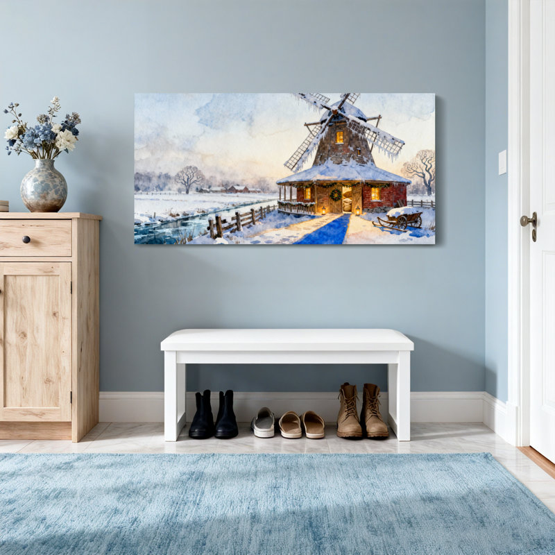 Noël, hiver, moulin à vent, paysage enneigé, chalet, H 16 po x l 32 po