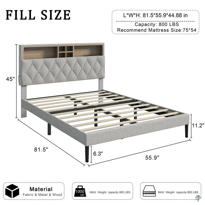 Bed Frame With 2-Tier Storage Adjustable Headboard & Charging Station, Solid And Stable, No Box Spring Needed, Noise Free, Easy To Assemble