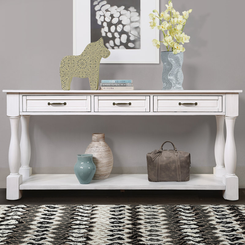 Console, 63 po, structure en bois massif, 3 tiroirs et tablette, blanc antique, fabrication Mid-Century 63 po avec capacité de charge suffisante