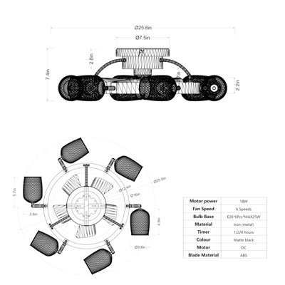 Ventilateur de plafond industriel de 25,8 po avec télécommande, ventilateur de plafond de petite taille à 5 pales en ABS pour salon, salle à manger, chambre à coucher, salle familiale, noir mat, 6 PCS * E26