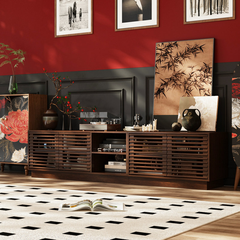 Mid-Century Modern TV Stand With Slatted Doors, Open Shelves, And Cable Management