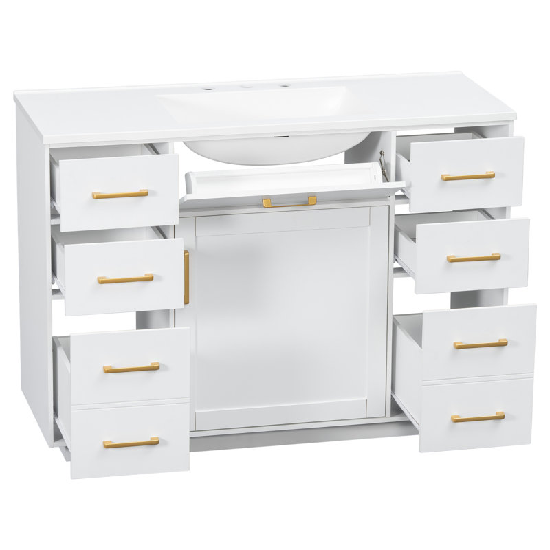 Meuble-lavabo autoportant de 122 cm (48 po) avec comptoir en composite, 7 tiroirs et 1 porte à fermeture amortie, blanc
