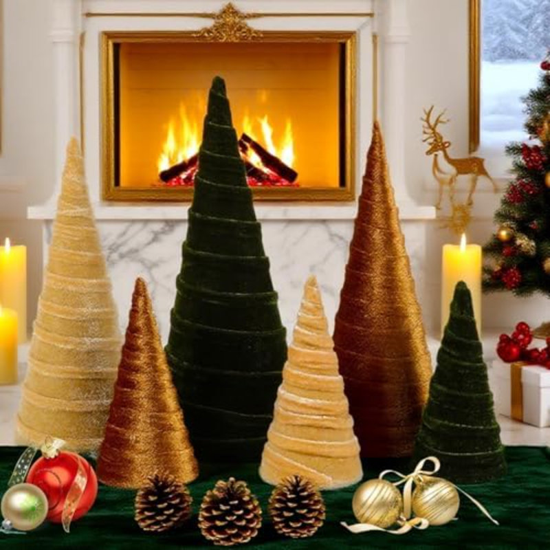 6 pièces décorations d'arbre de Noël en forme de cône de Noël 12 "10" 6 "centre de table en velours de Noël neutre