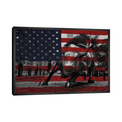 New York - Wall Street Charging Bull, Us Flag - Print on Canvas