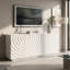 Buffet blanc d'appoint, armoire de rangement à 4 portes de 59,1 pouces de large avec texture ondulée sculpturale pour la cuisine du salon