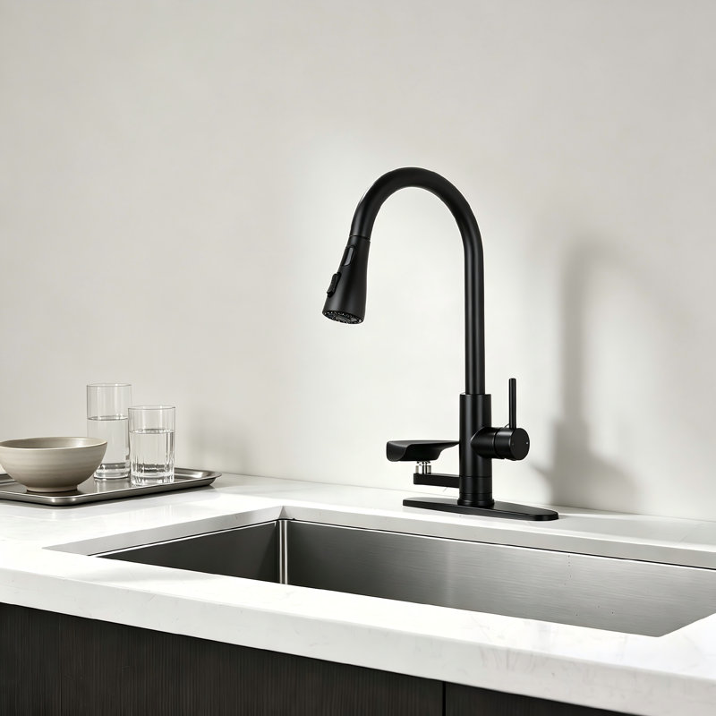 Robinet de cuisine noir mat moderne avec affichage DEL de la température et fonction de lavage des tasses; Conception coulissante à arc élevé avec trois modes de débit d'eau.