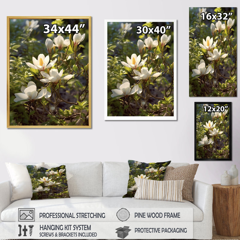 «White Green Magnolias Nature Serenity» sur impression sur toile, Cadre flottant noir, 32" H x 16" W