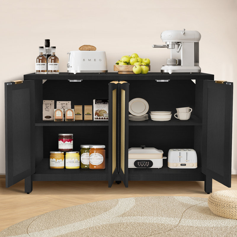 Buffet 55 po en rotin avec 4 portes et tablettes réglables, grande console de rangement pour le salon et le couloir Boho
