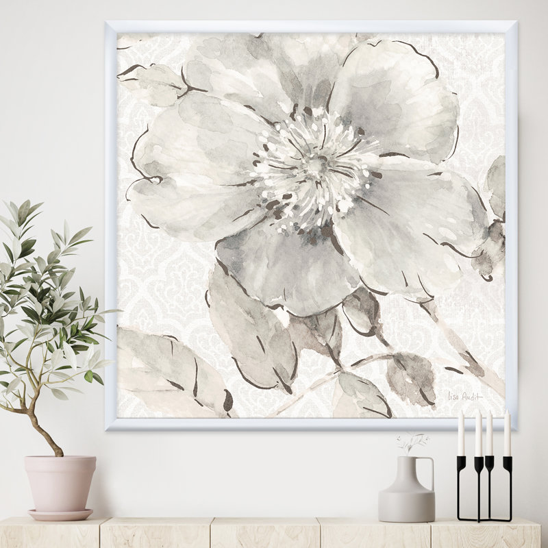 " Indigold Gray Peonies II ", 16" H x 16" W x 1" D, White Framed