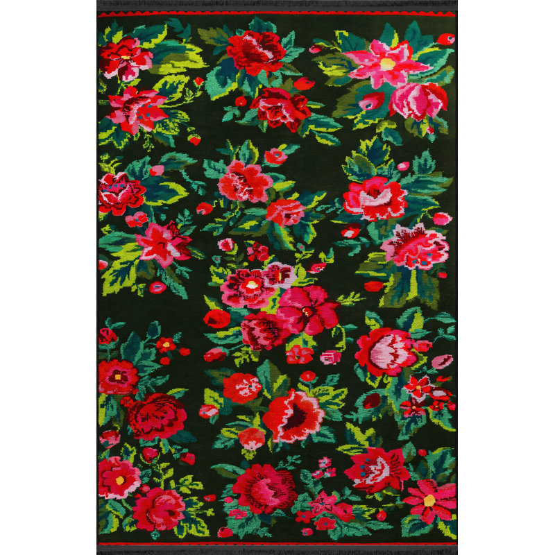 Tapis décoratif moderne noir à motif de franges roses et rouges, Tapis de couloir 3 pi 3,37 po x 6 pi 6,74 po