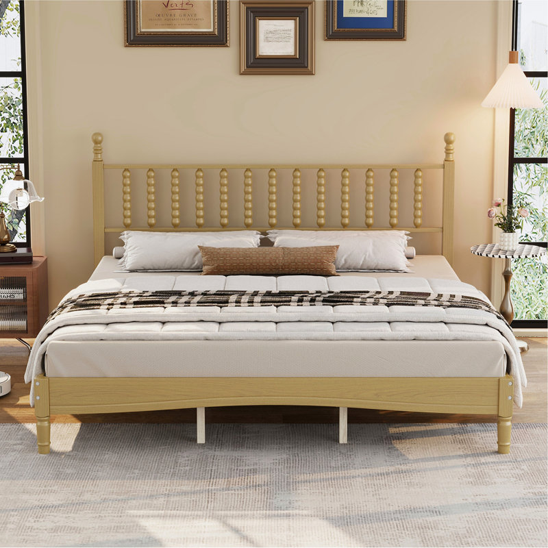 Lit plateforme très grand en bois avec tête de lit en forme de gourde, lit plateforme de style rétro avec support en lattes de bois, naturel