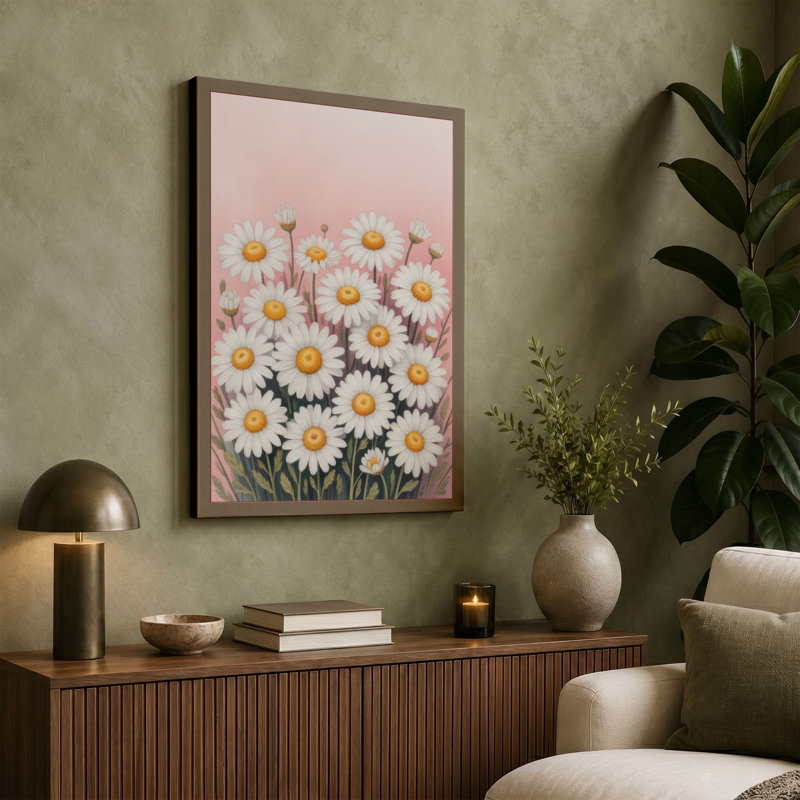 Daisy Arrangement Botanical - Wrapped Canvas, 36x24 - 91.4 x 61.0 cm, Taupe Border