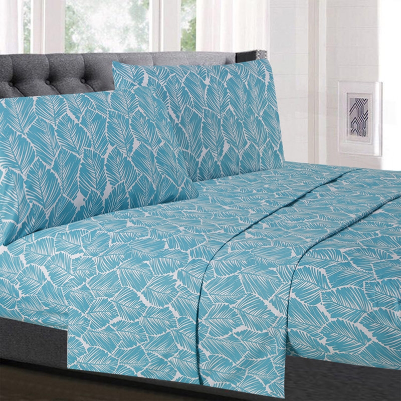 Full Tropical Teal and White Microfiber Floral Sheet Set