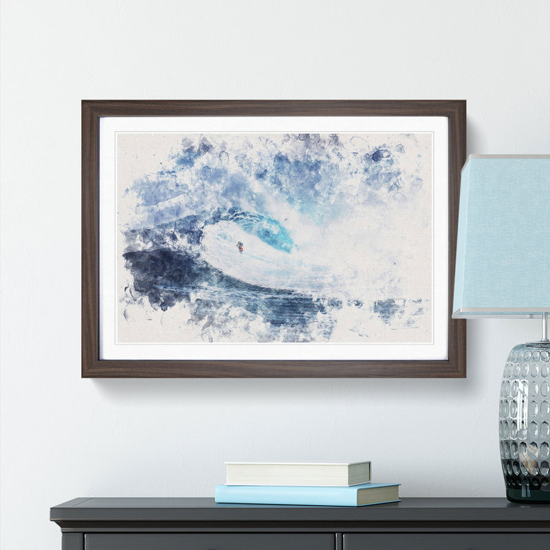 Surfing The Wave Watercolour - Single Picture Frame Print on MDF, 40cm H x 60cm W x 2cm D, Walnut Framed
