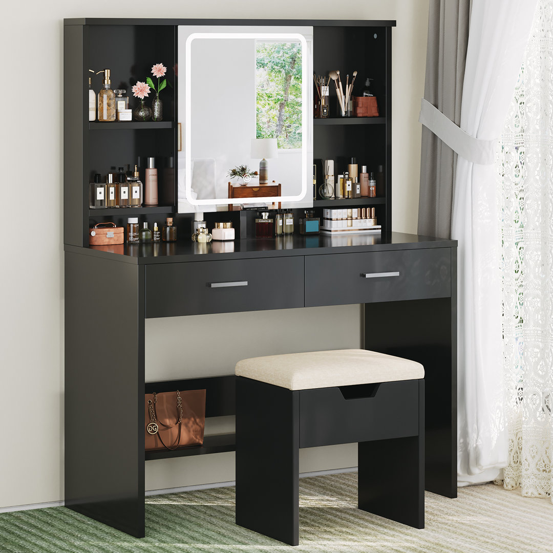 Dressing Table With Stool LED Lights Makeup Desk With Jewelry Cabinet