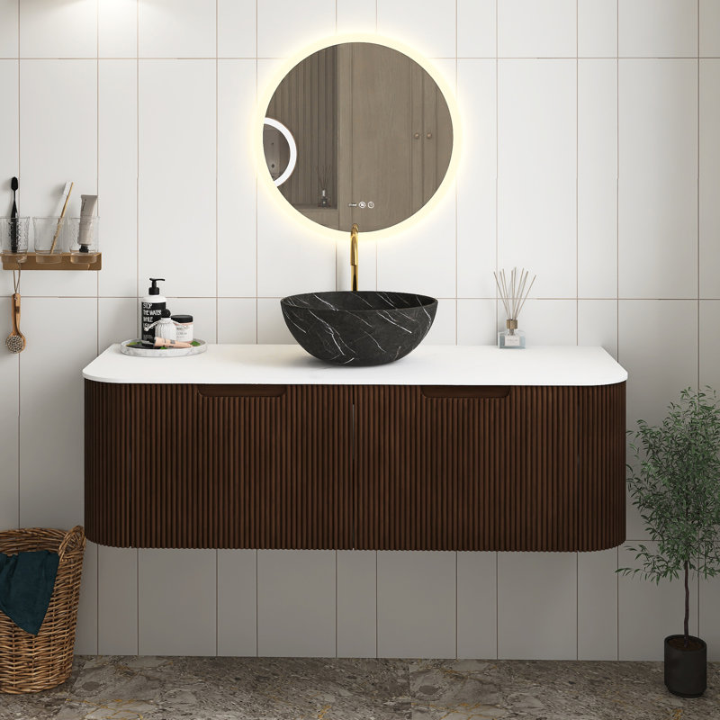 Meuble-lavabo de 48 po de couleur noyer foncé avec lavabo, armoire de rangement murale à bords arrondis flottants et rayés avec 2 tiroirs, vasque en céramique noire avec motif en pierre, pré-assemblée