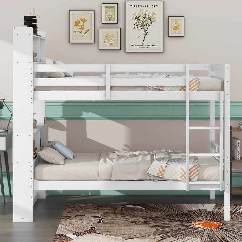 Lit superposé simple au-dessus de simple avec rangement, peut être divisé en 2 lits, Blanc
