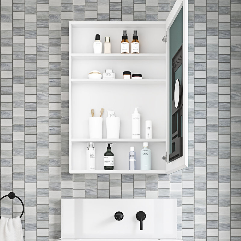 Pharmacie pour salle de bain l 24 po x H 36 po, miroir biseauté, ouverture à droite, intérieur spacieux, armoire en bois d'ingénierie blanc, rebords de miroir, ouvert, bois, reflet transparent,