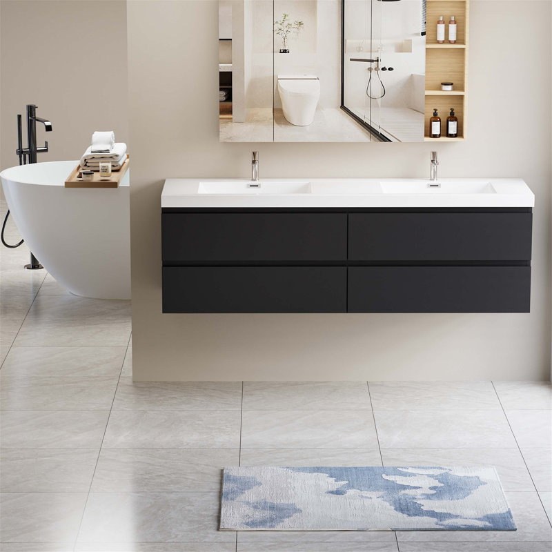 Meuble-lavabo flottant avec lavabo, armoire de rangement murale pour ranger les essentiels, avec tiroirs à fermeture en douceur et plateau en résine de qualité supérieure