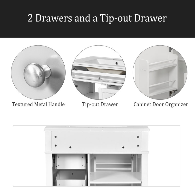 Meuble-lavabo de 30 po avec lavabo supérieur, meuble-lavabo moderne avec 2 tiroirs et tiroir escamotable, meuble-lavabo simple