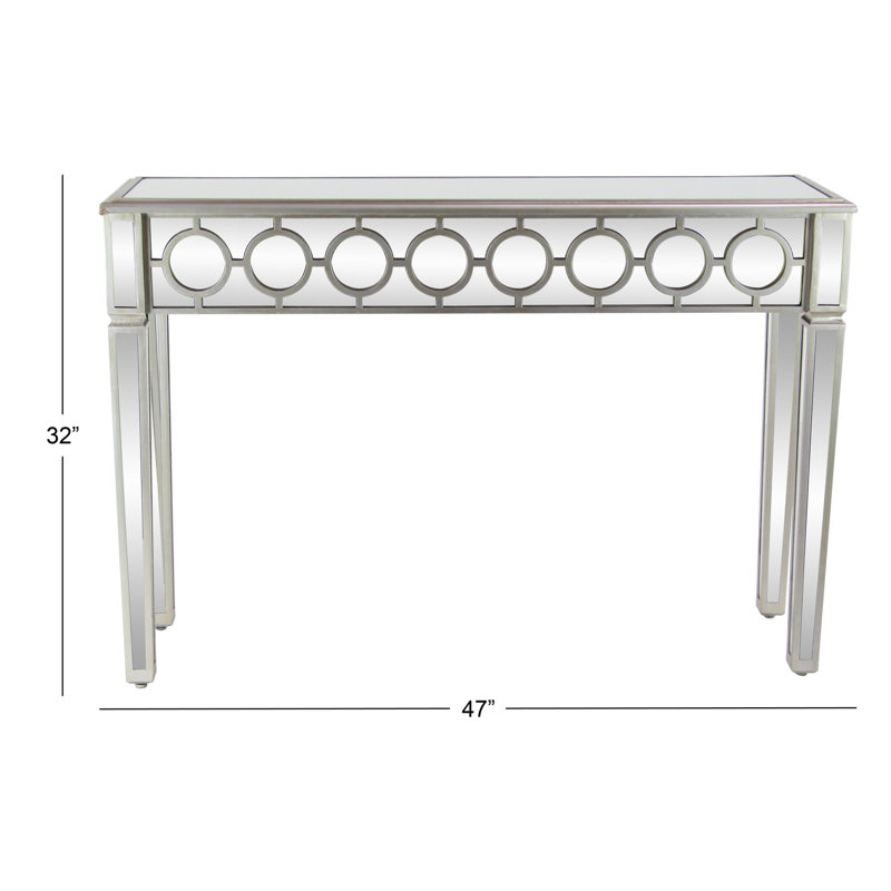 Skyler Glass Mirrored Geometric Silver Console Table with Circular Panel Inlay