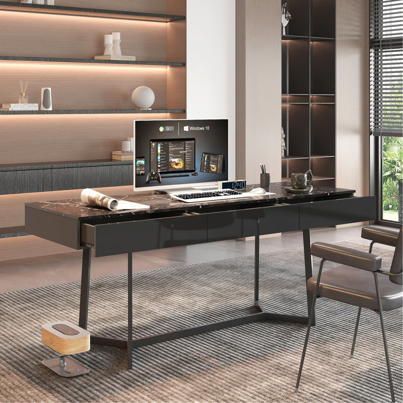 72.72" Black Study Desk With Y - Shaped Legs, Smooth Surface For Writing, Suitable Any Office Modern Work Metal Large Gaming Setup, 22.94" Wide