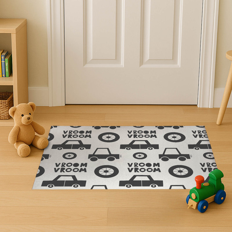 Vroom vroom Indoor Doormat, 60" W x 84" L, Ivory/Charcoal