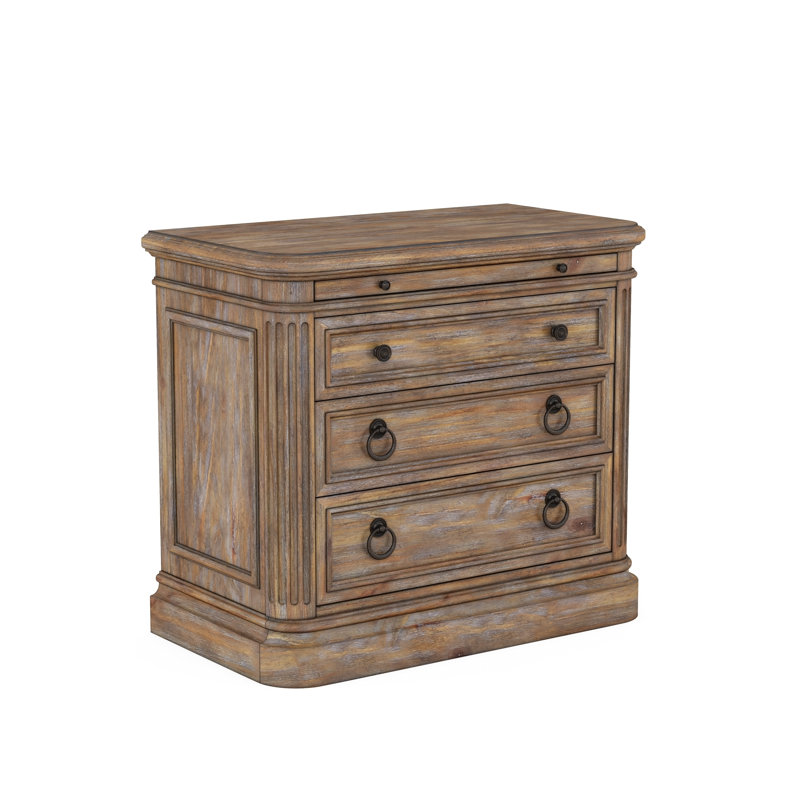 Almond Pine Veneer 3-Drawer Nightstand with Metal Accents