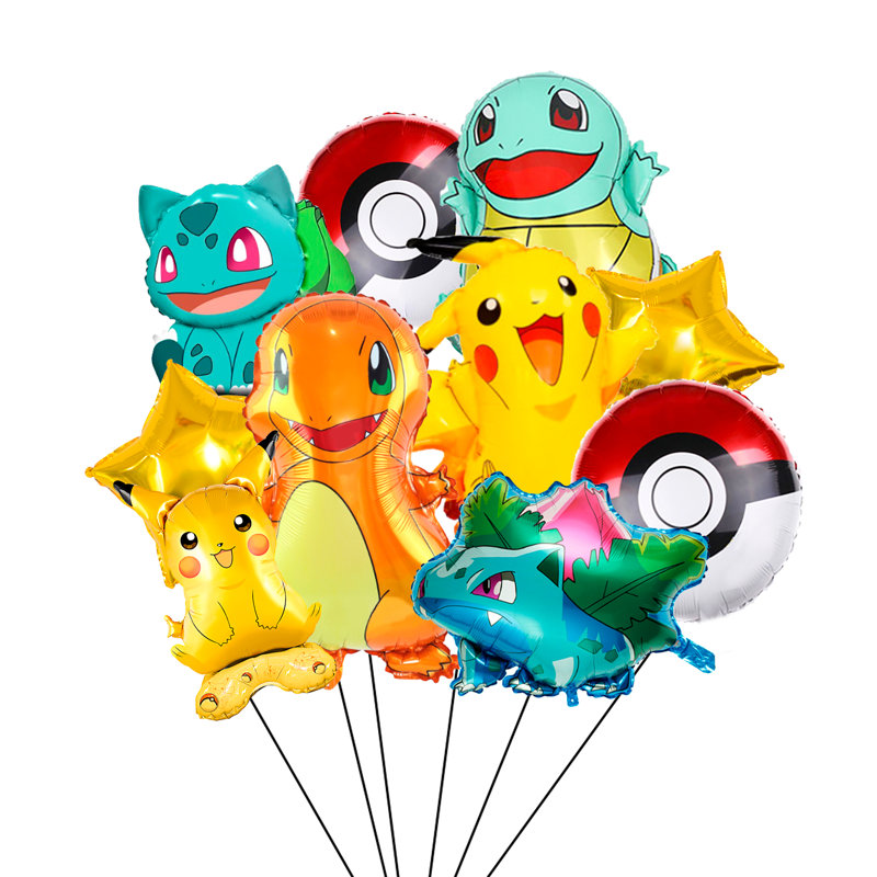 9 pièces de ballons de décoration de fête de pokémon et ballons en aluminium de caractère, fournitures de fête d'anniversaire pour les filles / garçons