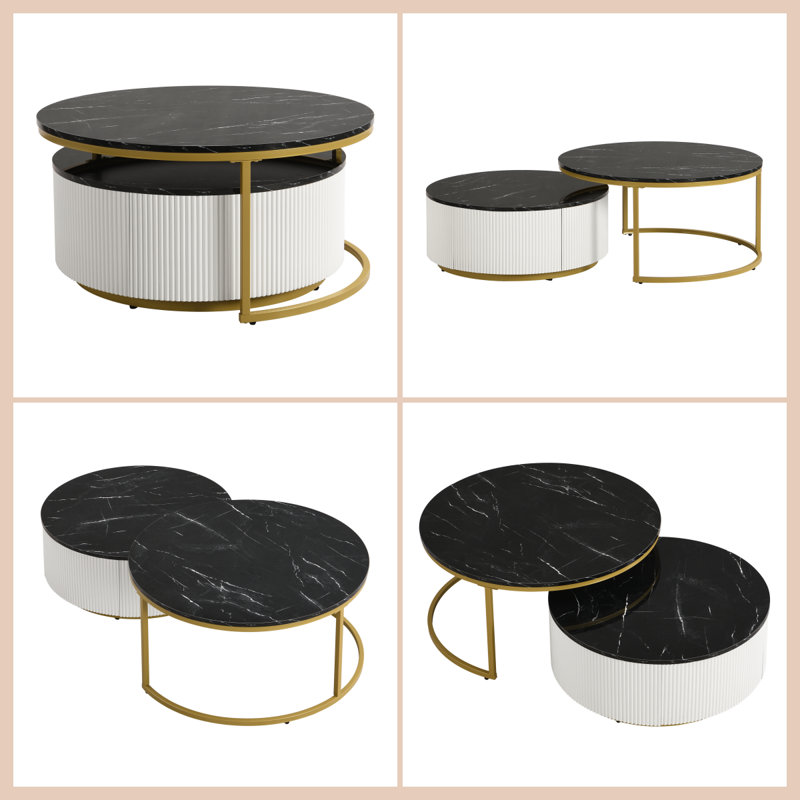 Modern Round Nesting Coffee Table Set with Drawer–Fluted Design, Black