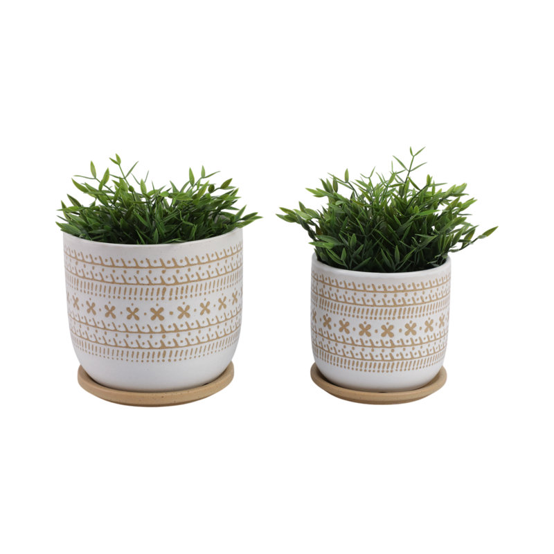 Ceramic Saucer Planters With Textured Circular Design, Durable Modern Accent Planter Pots, Contemporary Style Containers For Indoor Decor, Set Of 2