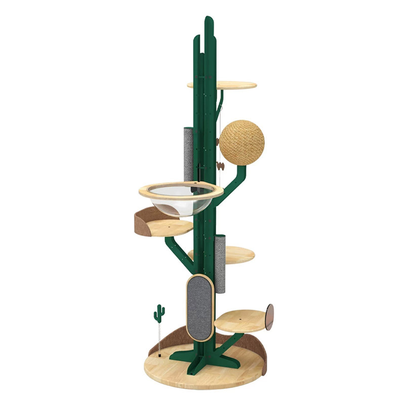 Arbre à chat en bois en forme de cactus, centre d'activités à plusieurs niveaux avec poteau à griffer et jouets