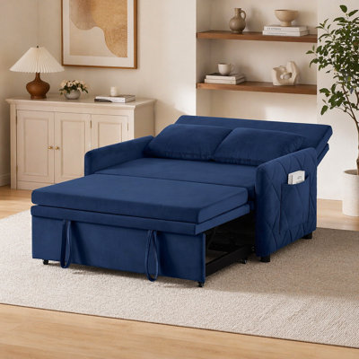 51.2" Velvet Convertible Sleeper Sofa Bed, 5-Position Adjustable Backrest Loveseat with Pull-Out Bed, Side Pocket, Multi-Functional 2-Seater Couch for Living Room, Apartment, Small Space
