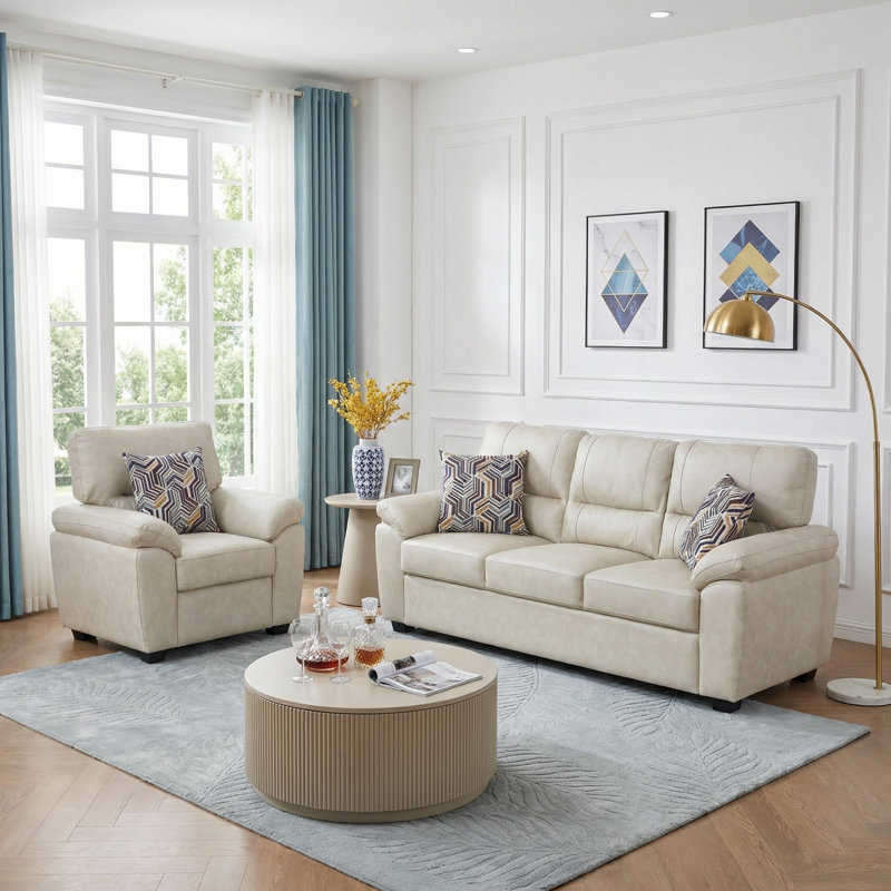 Ensemble de salon 2 pièces - Chaise et canapé en similicuir, Beige