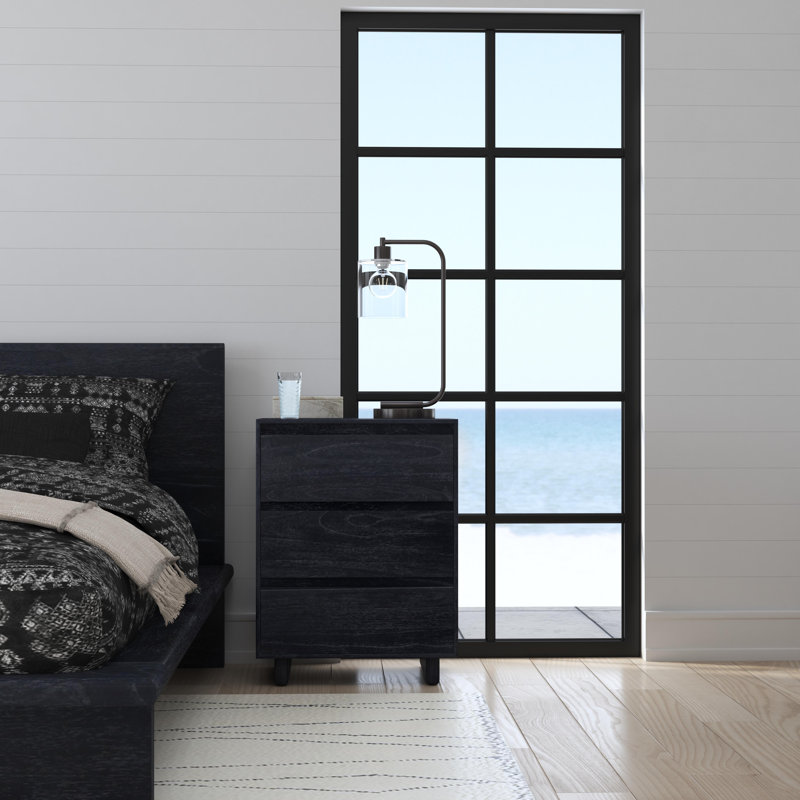 Black Wood 3-Drawer Minimalist Nightstand