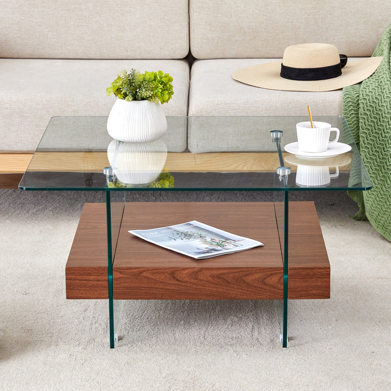 Table basse 31,4 pouces à deux niveaux - une combinaison élégante de verre transparent et de texture de noyer