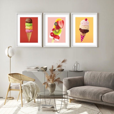 Framed Wall Art Collage Print Set, Fruit Ice Cream Cone Variety Food Citrus Photography Colourful Illustrations Decorative for Living Room, Bedroom, Office