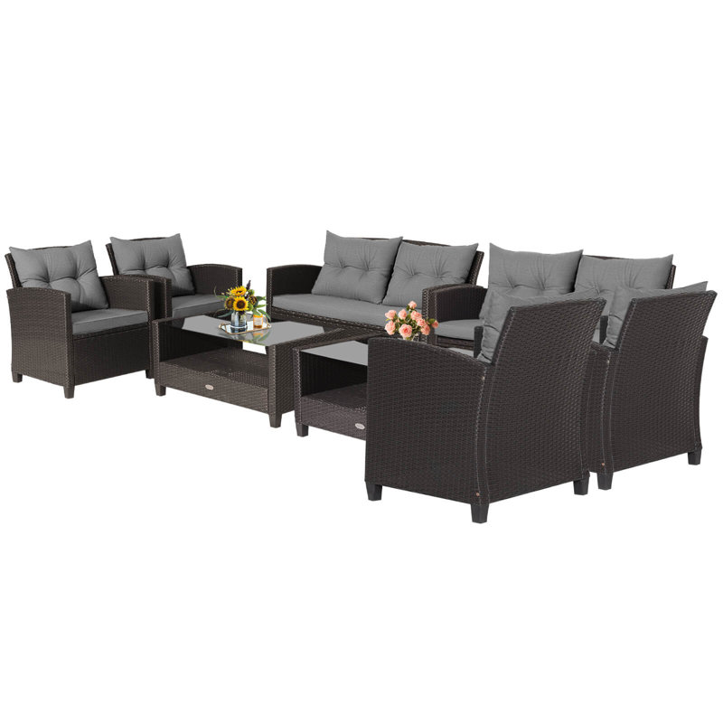 Ensemble de 8 meubles de patio en rotin avec tablette et table