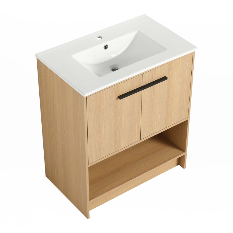 Bathroom Vanity With Ceramic Sink, Black, Oak